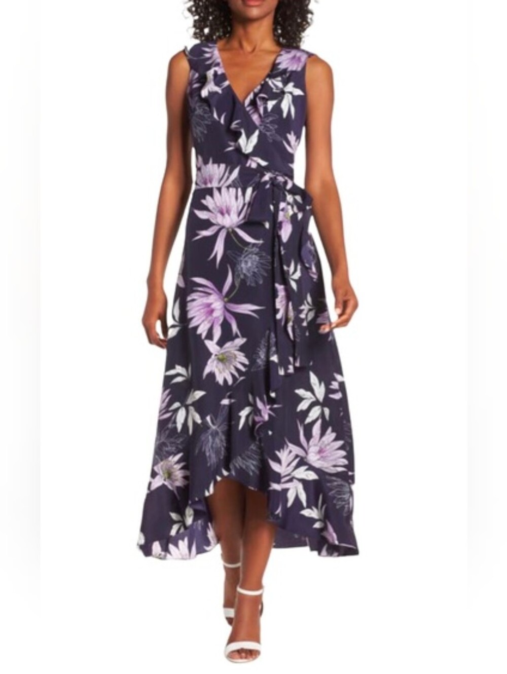 Vince Camuto Navy Floral High-Low Wrap Dress with Lavender Blooms